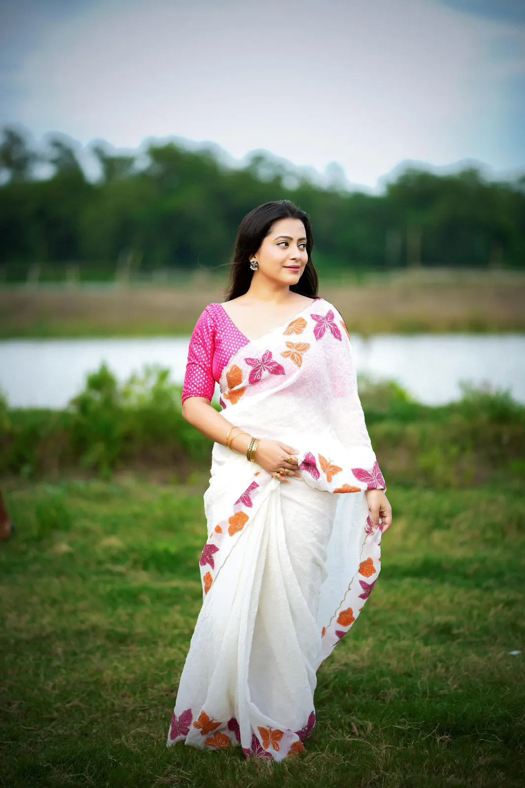 Premium Chiffon Saree with Zari Embroidery Butterfly Design & Banarasi Silk Blouse